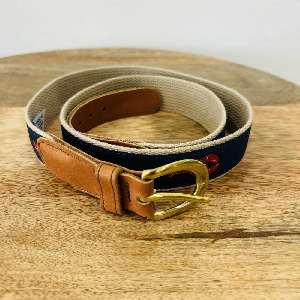 Preston LOBSTER Belt Size 38 Made In New England Brass Buckle Leather Canvas